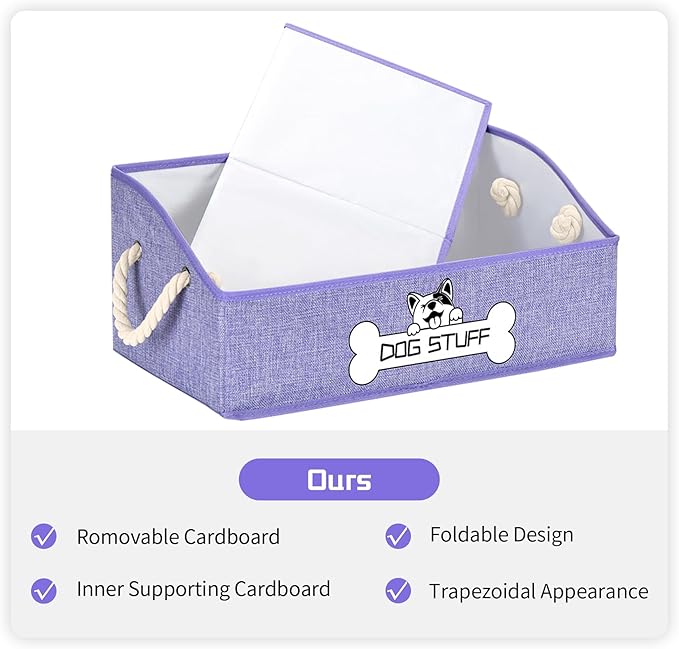 Collapsible Fabric Dog Toy Box and Storage Bin With Handle - Trapezoid Basket Chest Organizer for Pet Toys, Blankets and Accessories, Purple