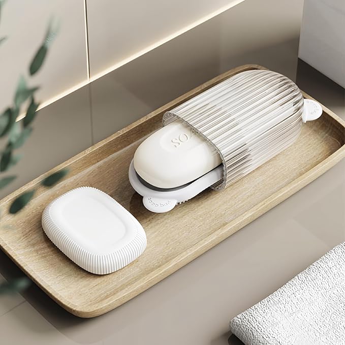 Travel Soap Case Container Leakproof Bar Soap Box with Lid Soap Holder with Draining Layer and Silicone Brush Portable Soap Dishes for Traveling Camping Gym Shower Outdoor (White)