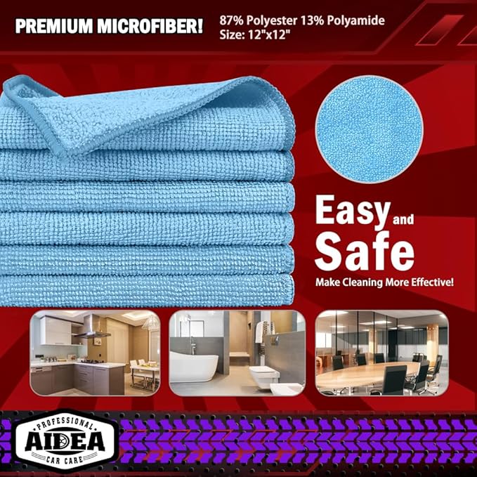 AIDEA Microfiber Cleaning Cloth Blue, 150PK, Shop Rags, Microfiber Towels for Cars, Dusting Cloth Lint Free Rags, Absorbent Towels for SUVs, House, Kitchen, Mechanic, Workshops, 12"×12"
