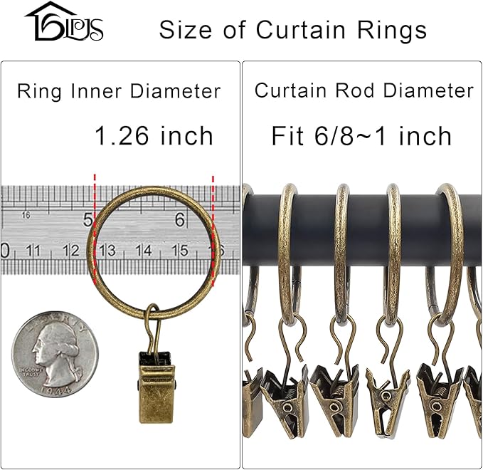 100 Pack Curtain Rings with Clips, Curtain Clip Rings Hooks, Bow Hanger Clips for Hanging Drapery Drapes Bows, Ring 1.26 inch Interior Diameter, Fits up to 1" Rod, Bronze