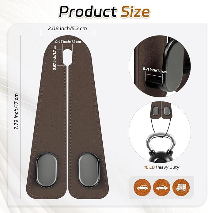 Fitnice Car Seat Headrest Hooks - 4 Pack Universal Car Purse Hook, Leather Car Bag Purse Holder with Double Metal Hooks for Handbags, Grocery Bags, Bottles, Phones, Brown