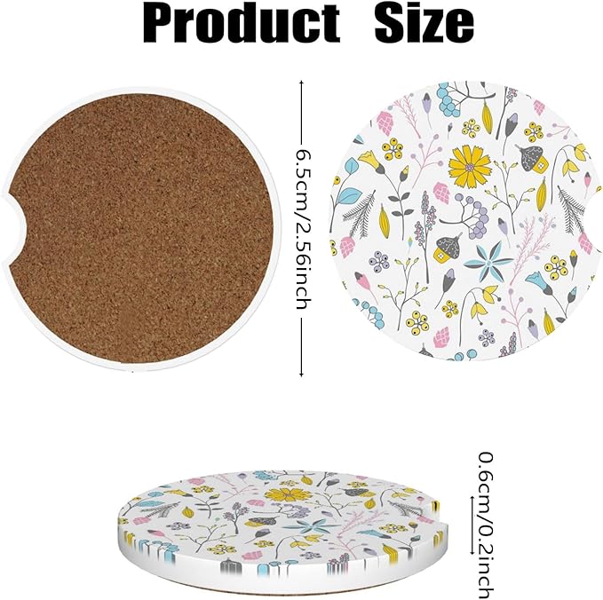 Car Cup Holder Coasters, 2 Pcs Ceramic Coasters with Cork Back and Finger Slot, Anti-Slip Shock Absorbing Women and Men Universal Car Accessories - Lovely Flower