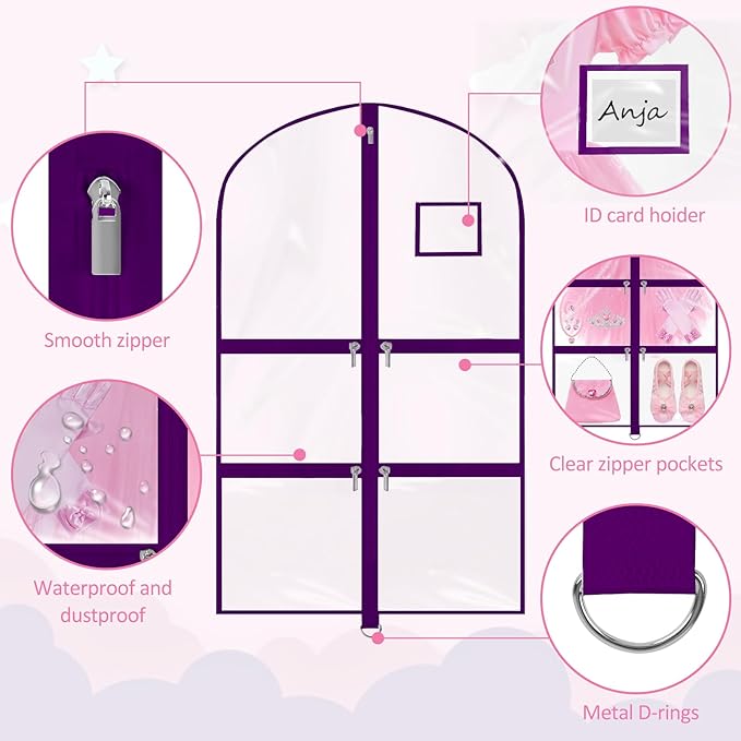 Garment Bags for Dance Costumes - 40 Inch Clear PVC with 5 Zipper Pockets (3 Pack) - Kids Dance Garment Bag for Dancers, Hanging Clothes Storage, Competitions & Travel (Clear Purple)