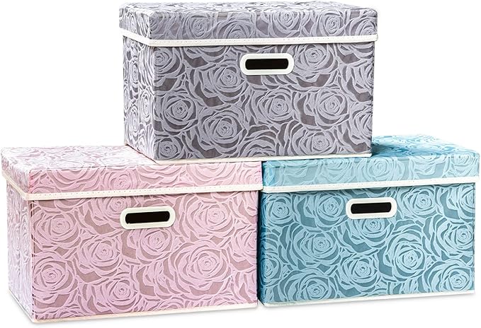 PRANDOM Collapsible Storage Cubes with Lids, Fabric Decorative Storage Bins Boxes Organizer Containers Baskets with Cover Handles for Bedroom Closet Living Room, 14.9x9.8x9.8 Inch, 3 Pack