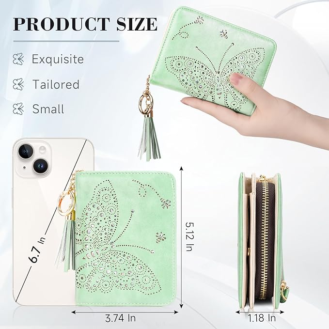 Women RFID Blocking Small Bifold Wallet, Compact Cash Clutch with Zipper Coin Pocket, Glittery Butterfly Design, Credit Card Holder, Travel Purse with Tassel PEPPERMINT-GREEN