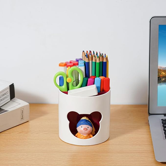 Marbrasse Desk Organizer - Cute Pen Holder & Art Supply Storage Box Caddy for Office & Classroom (White & Red Bear Head, One Size)