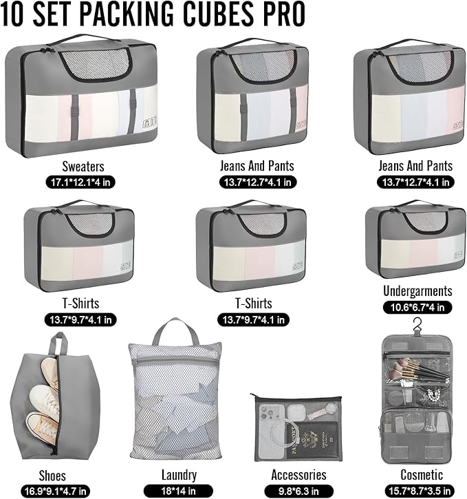 Veken 10 Set Packing Cubes for Travel Essential, Suitcase Organizer Bags in 4 Sizes, Carry-On Luggage Accessories with Large Laundry & Hanging Toiletry Bag, Must-Have for Airplane, Road Trip & Camping