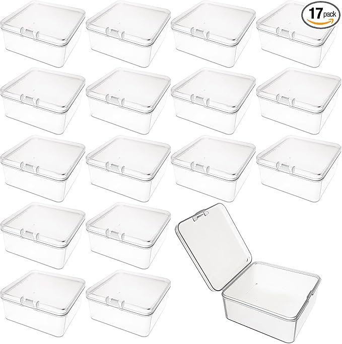 17-Pack Square Plastic Storage Boxes with Lids, Organizer Containers for Small Parts, Crafts, Jewelry, Office Supplies,Nails, SMT components (3 x 3 x 1.4inch) Plastic Case