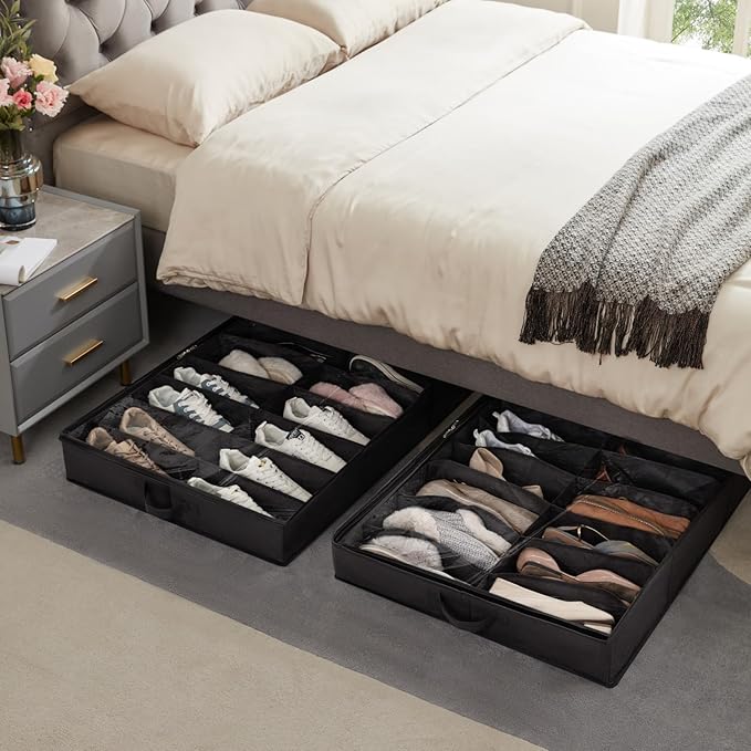 Lifewit Under Bed Shoe Storage Organizer 1 Pack (16 Pairs), 4.3" Tall Fabric Shoes Container Box, Foldable Closet Shoe Bag with 2 Reinforced Handles and Clear Cover, Black