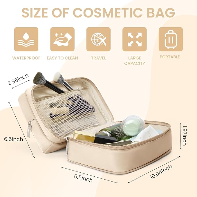 Travel Cosmetic Bag Women Portable Makeup Case Organizer Wide-open Toiletry Pouch for Cosmetics Toiletries (khaki)