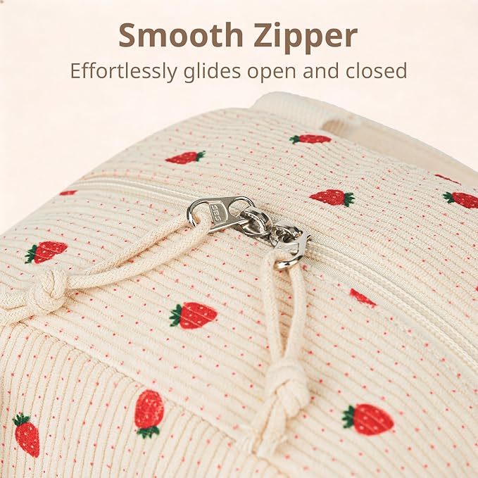 LOVELYWIND Insulated Strawberry Lunch Bag for Women, Stylish Corduroy Tote with Aluminum Lining, Large Capacity Reusable Cooler for Work, Travel, Beach or Picnic, Beige Cream Water-Resistant Lunch Box