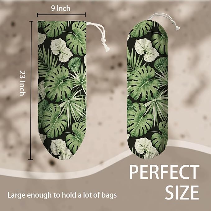 Green Leaves Plastic Bag Holder, Wall Mount Plastic Bags Organizer for Car Trash, Tropical Home Kitchen Decor, Reusable Grocery Bag Organizer, Kitchen Pattern Garbage Bags 52