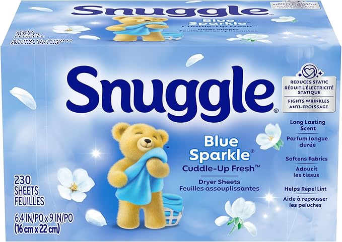 Snuggle Fabric Softener Dryer Sheets, Long-Lasting Fresh & Clean Scent, Softens Fabric, Reduces Static, Fights Wrinkles, Helps Repel Lint & Pet Hair, HE Safe, Blue Sparkle Cuddle-Up Fresh, 230 Ct