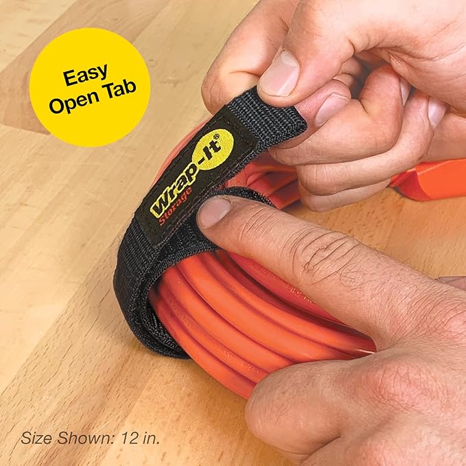 Quick-Straps by Wrap-It Storage – 12” (12-Pack) Black - Hook and Loop Cord Wraps for Cable Storage and Organization