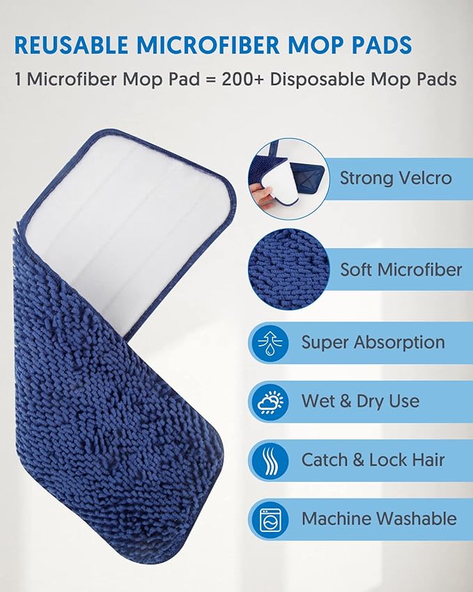 BPAWA Microfiber Mops for Floor Cleaning - Flat Floor Mop with 4 Washable Chenille Pads Dry Dust for Hardwood Laminate Wood Tile Vinyl Wall Hard Surfaces - 150cm Adjustable Long Handle