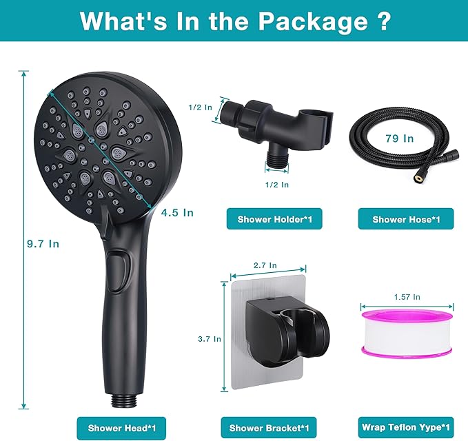 GwernKB Handheld Shower Head with on off Switch&Built-in Power Spray,7-Setting High Pressure Spray Shower Wand with 79in Long Hose&Bracket and Extra Adhesive Shower Holder for Lower Mount,Black
