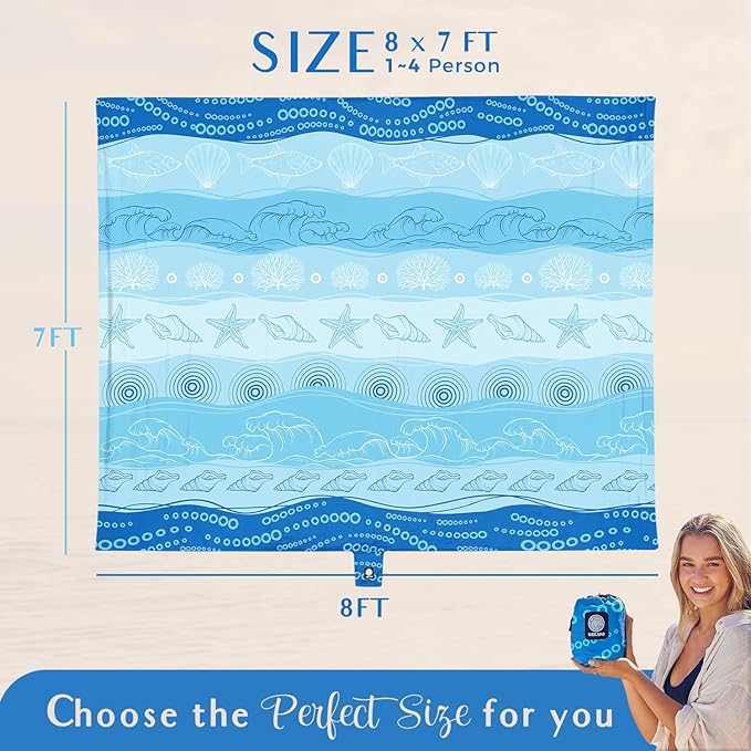 WEKAPO Beach Blanket Waterproof Sandproof Oversized Extra Large Sand Free Beach Mat with Stakes, Storage Bag - Essentials for Outdoor Beach, Picnic (Bohemian Starfish, 8 X 7 FT (1~4 Person))