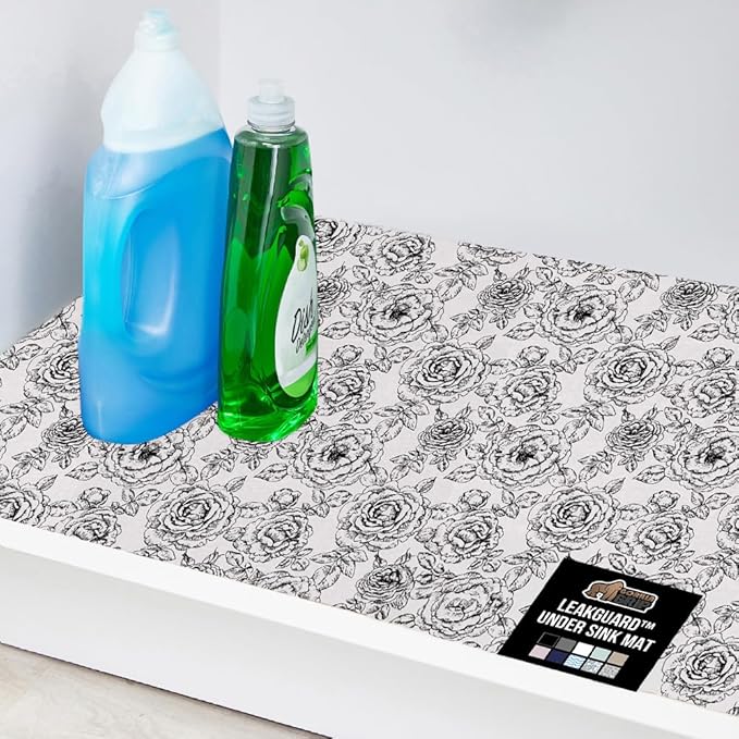 GORILLA GRIP LeakGuard Non-Adhesive Under Sink Mat for Kitchen Cabinet, Waterproof Quick Dry Shelf Liner, Durable Absorbent Felt Mats for Bathroom Sinks, Cabinets, Dresser, Easy Trim 24x30 Floral Gray
