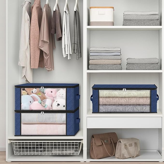 HomeHacks Storage 10-Pack Clothes Organizer Storage Bags Foldable Storage Box with Large Clear Window Sturdy Handles for Closet, Dorm, Pillows, Bedding, Clothes, Blankets, 35L, Blue