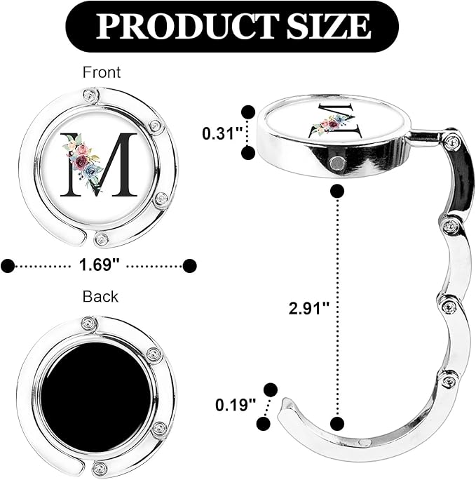 XSUIOY 3Pcs Personalized Initial Foldable Purse Hook for Table,Crushed Flower Letters Folding Purse Hanger,Purse Holder Handbag Hanger Collection Desk Table Bag Hooks Gifts for Women Bag(Black-M)