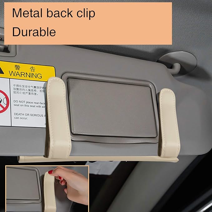 ChuLian Bling Bling Car Visor Tissue Holder Leather Crystals Paper Towel Cover Case & Glitter Sunglasses Clip for Women Beige