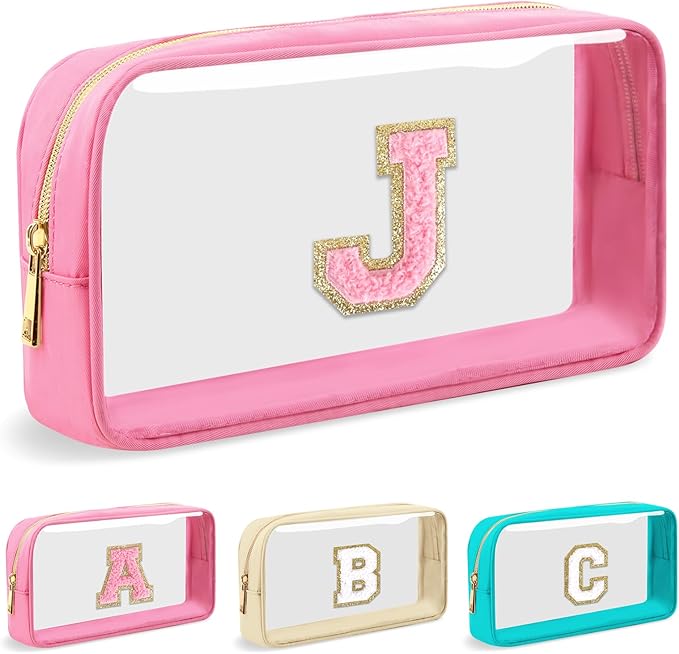 Personalized Initial Letter Clear Makeup Bag, Preppy Small Nylon & PVC Cosmetic Zipper Bag with Chenille Letter, Portable Beach Travel Skincare Toiletry Bag, Trendy Monogram Gift for Teen Girls Women, J