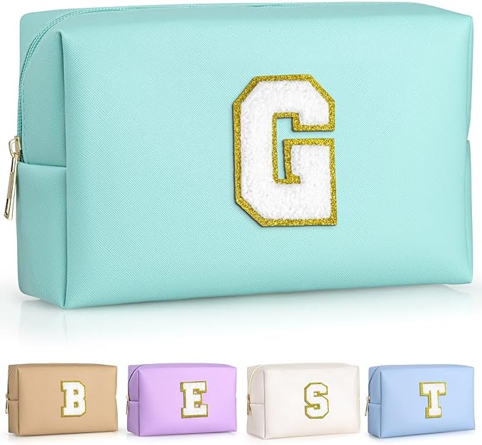 TOPEAST Travel Makeup Bag, Personalized Initial Toiletry Bag w Zipper, Cute Makeup Pouch, PU Leather Waterproof Cosmetic Bag, Birthday Gift for Daughter, Preppy Things for Girls (Blue G)