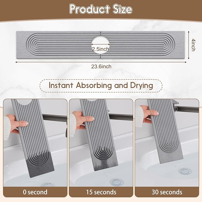 Faucet Mat for Kitchen Sink, Diatomite Quick Drying Tray, Long 23.6'' Kitchen Sink Splash Guard and Bathroom Stone Tray for Counter. Super Absorbent. Light Grey.