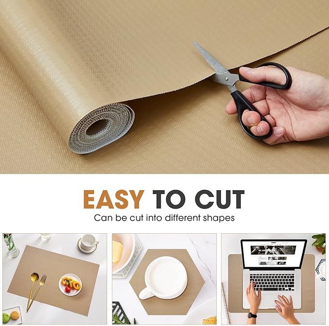 Drawer and Shelf Liner, Non-Slip Kitchen Cabinet Liners Non-Adhesive Thick Strong Grip Waterproof Washable Mats Protect Dresser Shelves Cupboard Bathroom Cabinets, Beige, 24 in X 10 FT