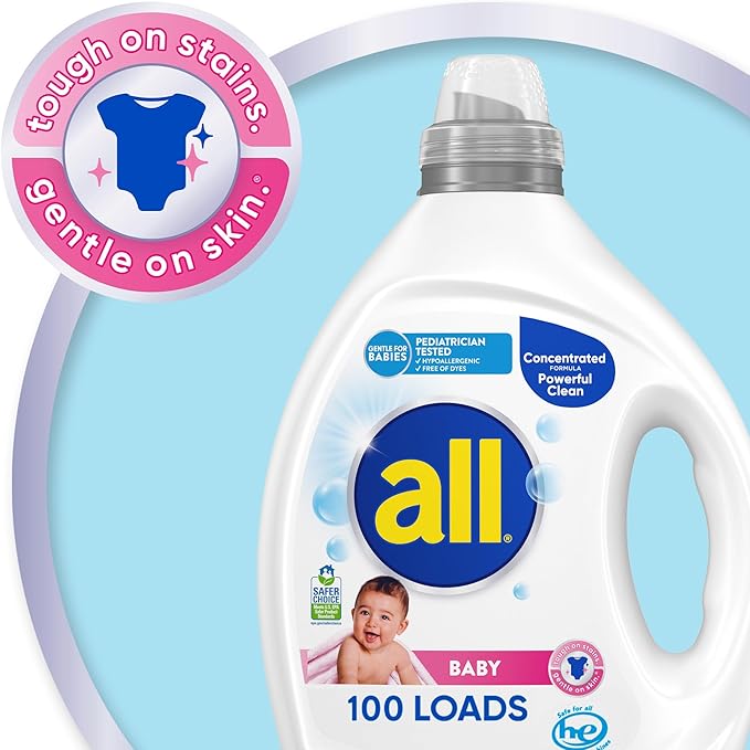 all Baby,Gentle for Baby,Liquid Laundry Detergent,Hypoallergenic for Sensitive Skin,Concentrated,75oz,100 Loads,(Pack of 2)