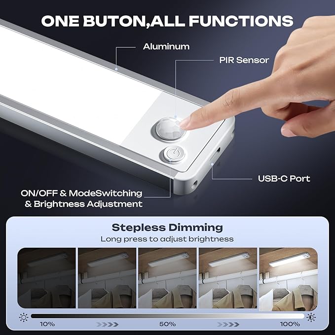 2 Pack Under Cabinet Lighting Wireless 10inch LED Motion Sensor Magnetic Light 2200maAh Rechargeable Indoor Closet Lights for Kitchen, Stairs Cool White