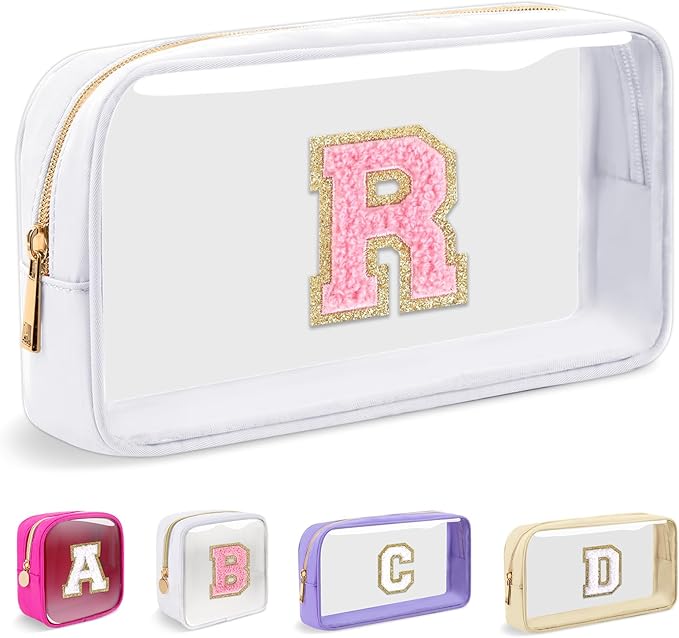 Small Clear Personalized Initial Makeup Bag,Nylon Preppy A-Z Chenille Letter Patch Cosmetic Pouch Beach Toiletry Bag,Waterproof Zipper Travel Purse Storage Bag Organizer for Women Girls(White-Pink R)