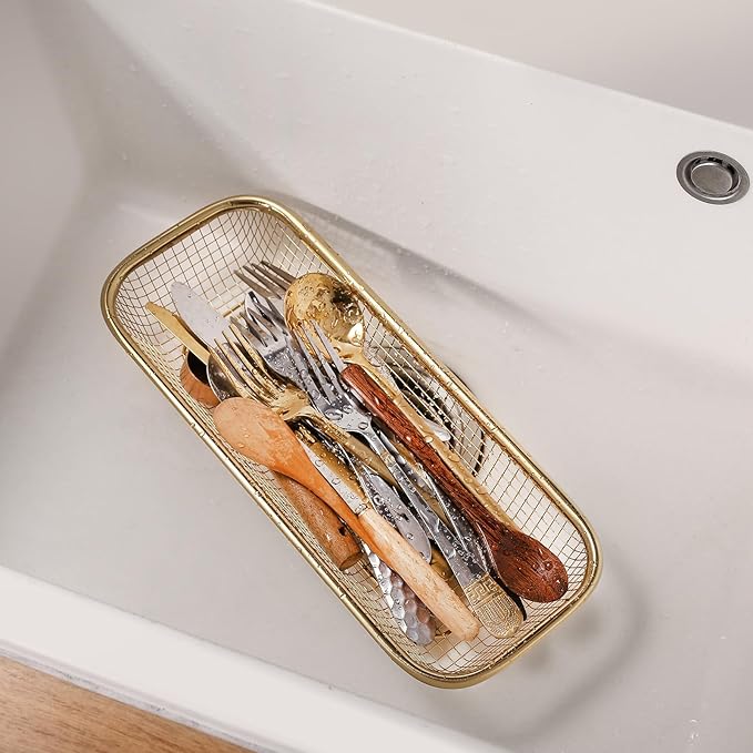 4Pack Stainless Steel Tumbler Cup Lid Organizer Inside Cabinet, Mason Jar Lid Holder, Rectangular Basket for Storage of Silverware, Chopsticks, straws and Utensils, Gold