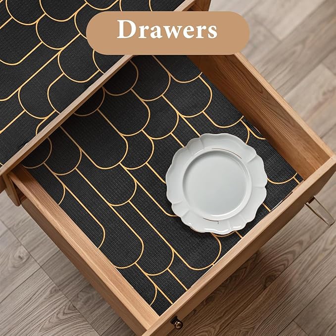 Shelf Liners for Kitchen Cabinets Drawer Liner 12in x 20FT Non Adhesive Black Gold Line Thickened Refrigerator Shelf Liner Paper Strong Easy to Clean for Tool Box with Knife and Tape Measure