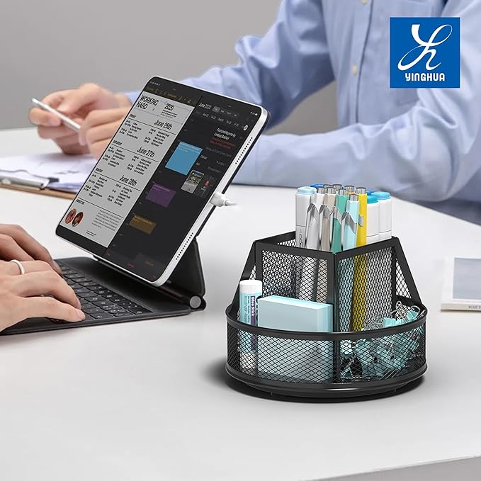 YINGHUA Metal Mesh Desk Organizer with 5 Compartments and Rotating Pencil Holder Pen and Stationery Organizer for Office Home School Anti Slip Base Black