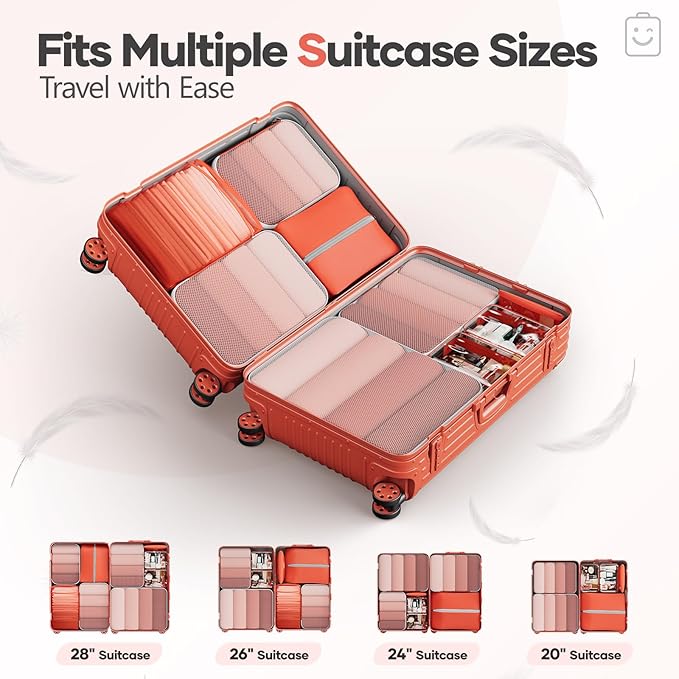 Veken 9/11 Set Compression Packing Cubes for Travel Essentials,Compressible Expandable Large Luggage Suitcase Organizer Bags for Clothing,Durable Space Saver Storage Bags with Toiletry Bags(Orange)