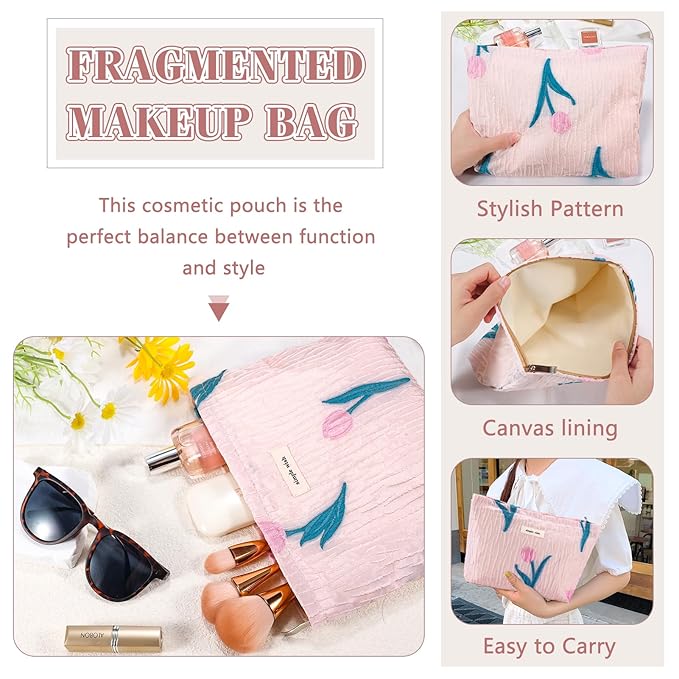 ZLFSRQ Tulip Makeup Bag Travel Cute Pink Flower Floral Cosmetic Bags for Women Large Embroidery Toiletry Pouch Zipper Cosmetic Pouch for Purse Aesthetic Makeup Organizer Bag Portable Toiletry Bags