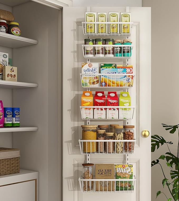 12 Inch Wide Narrow Over The Door Pantry Organizer, Pantry Organization and Storage, 6-Tier Metal Hanging Deep Basket Wall Spice Rack Seasoning Shelves, Home & Kitchen Essentials, White