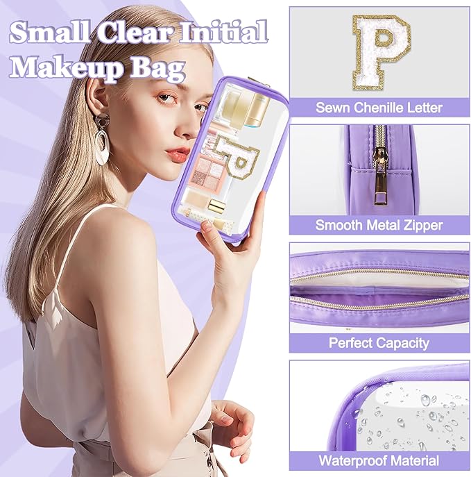 Small Clear Personalized Initial Makeup Bag,Preppy Nylon A-Z Chenille Letter Patch Makeup Organizer TSA Approved Travel Toiletry Bag,Waterproof Zip Beach Cosmetic Pouch Purse for Women(Purple-White P)