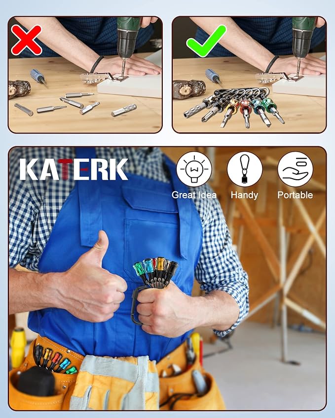 Katerk 6pcs 1/4 inch Hex Shank Aluminum Alloy Screwdriver Bit Holder 2 Sets, Lightweight Quick-Change Extension Bar Keychain Drill Screw Adapter Change Portable (With Black Carabiner)