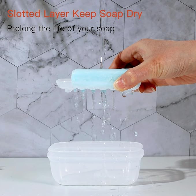 Quatish Leakproof Soap Dish with Lid & Draining Layer, Shatterproof Travel Bar Soap Holder Case Container, Portable Travel Size Toiletries Essentials for Camping, Gym, Bathroom, Clear