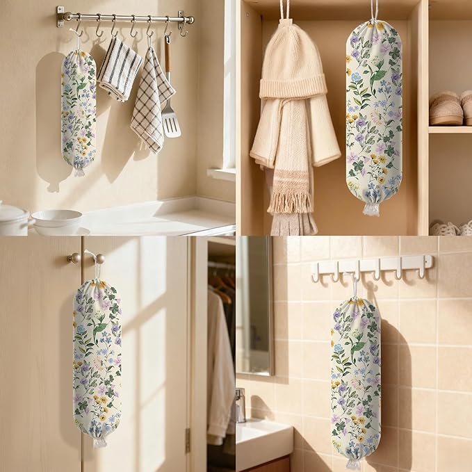 Floral Plastic Bag Holder Dispenser, Plastic Grocery Bag Organizer & Wall Mount Paper Trash Bags Saver Storage for Kitchen Home Pantry Decor, Shopping Bags Storage Dispenser