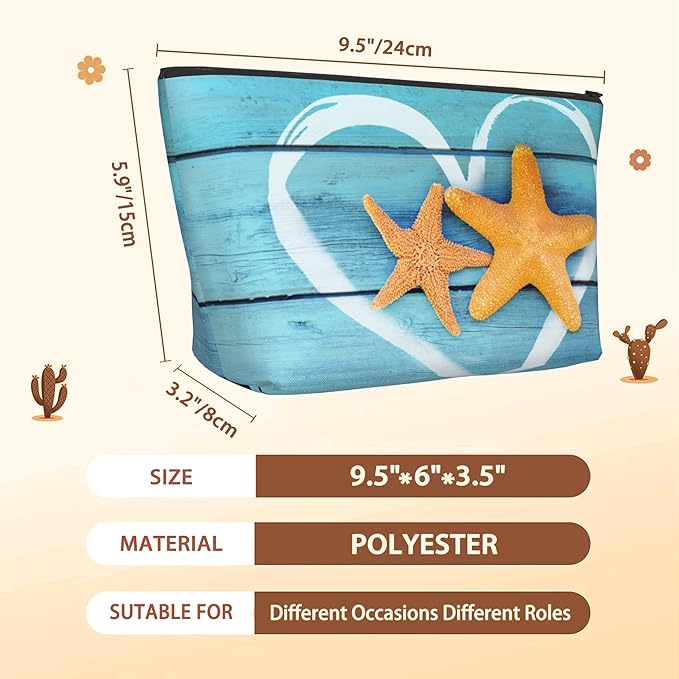 Beach Starfish Cosmetic Bag Coastal Blue Wooden Makeup Bags,Travel Make up Bags for Women Girls Cute Zipper Pouch Toiletry Organizer Bag Travel Essentials