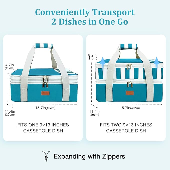 Vuudh Expandable Casserole Carrier Bag - Double Decker Food Bag, Insulated Casserole Carrier for Hot or Cold Food, Lasagna Holder Tote for Picnics, Beaches, Traveling, or Gifts