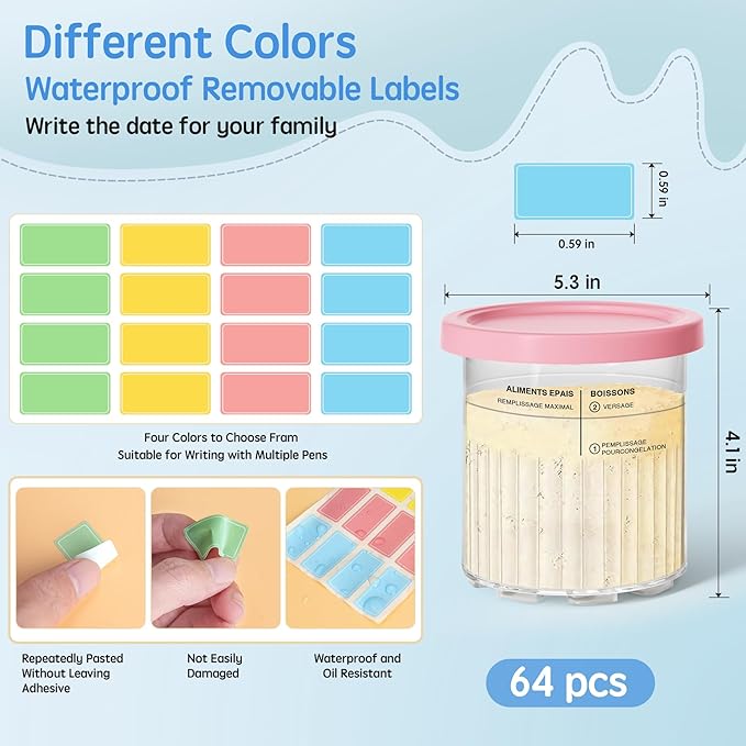 Creami Deluxe Pints & Lids Compatible with Ninja NC500 NC501 Series Ice Cream Makers, 24 Oz, BPA-Free, Dishwasher Safe, 4 Colors, with 5 Spoons & 64 Writable Labels, 4 Pack