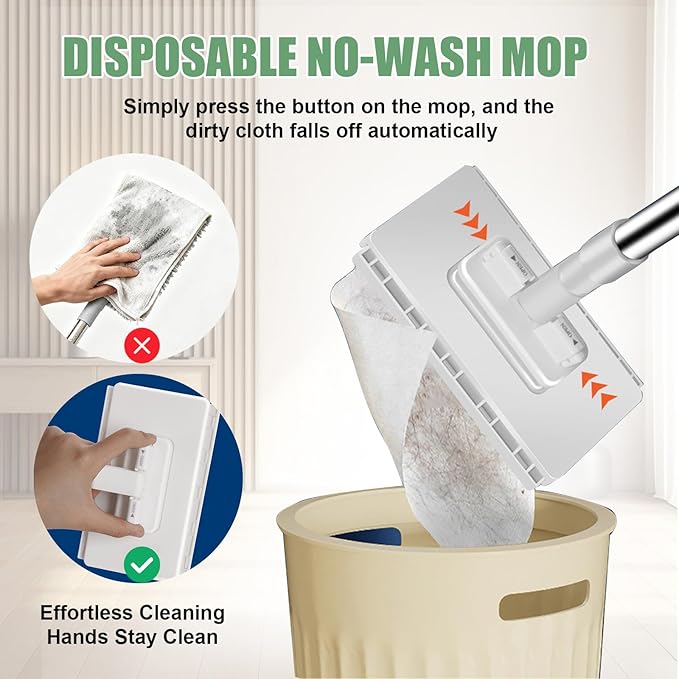 Snap Grip Mini Mop, Cloth Changing Mini Mop for Dry & Wet Disposable Pads, Lazy mopa Automatic gripping with Sweeping & Mopping, Long Handle Disposable Dust Mop for Hardwood, Tile (Plain White)
