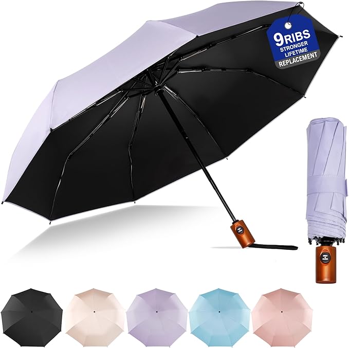 SoulRain Strong Windproof Travel Umbrella with Wooden Handle, Automatic Open Close Compact Folding for Rain & Sun UV Protection, Lightweight Durable Portable for Car, Backpack, Women & Men