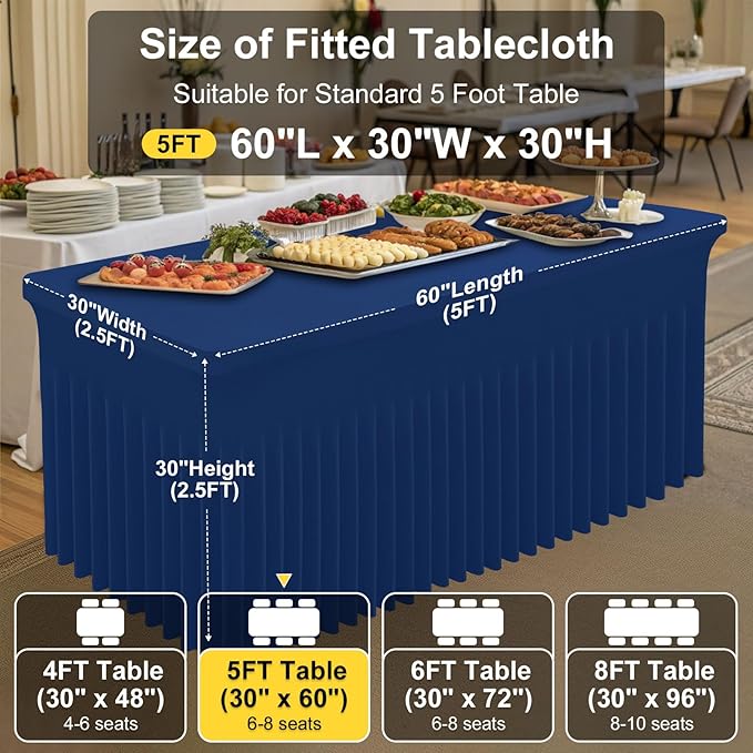 Smiry Spandex Tablecloth, Elastic Fitted Stretch Tablecloth for 5FT Rectangle Tables, Waterproof Washable Table Cover Skirt for Outdoor, Wedding, Banquet & Parties (Navy, 60Lx30Wx30H Inch)