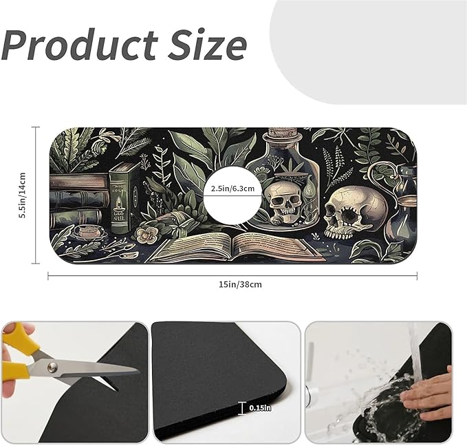 Kitchen Sink Splash Guard，Books and skulls Faucet Mat Sink Gadgets-Super Absorbent Fast Drying Mat Drip Catcher for Kitchen, Bathroom,Sink Mat, Dish Drying Mat, Bathroom(15" X 5.5" )