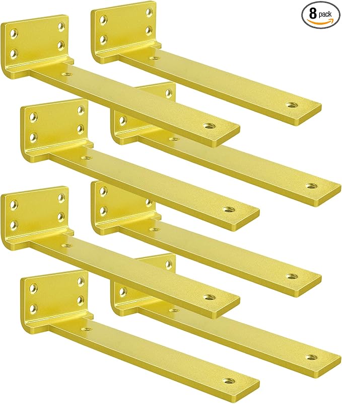 Floating Shelf Brackets 8 inch 8 Pack L Brackets for Shelves Gold Metal Heavy Duty Shelf Bracket for DIY Decorative with Mounting Hardware
